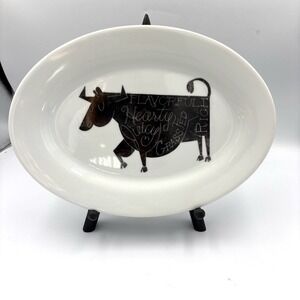 Crate & Barrel Oval Plate Platter With Cow Graphic Black White 11.5" X 8.5"